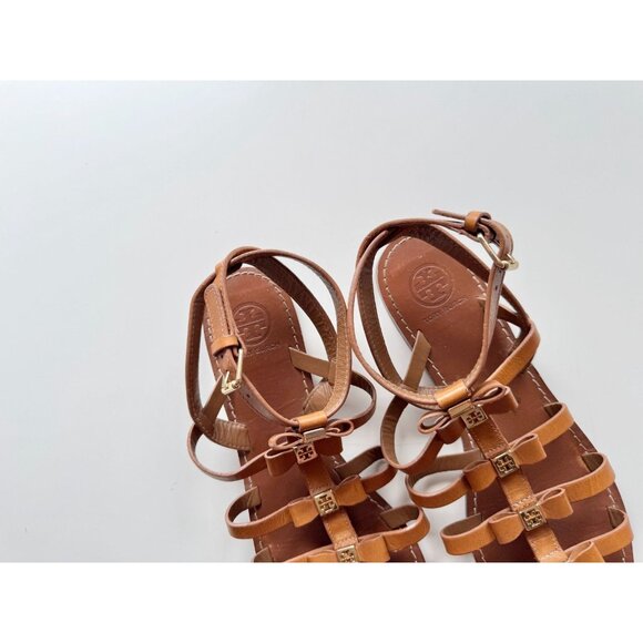 TORY BURCH Kira Brown Leather Bow Logo Medallion Gladiator Sandals, Size 8.5 - Picture 7 of 11